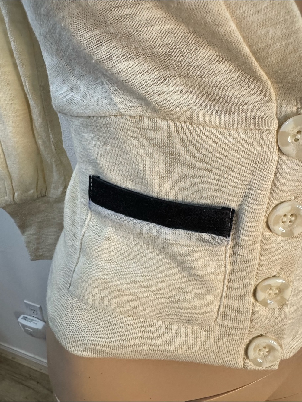 Poof! Cream V-Neck Button Front Cropped Cardigan with Black Trim - Picture 3 of 7